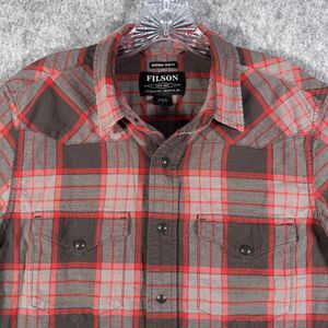 Filson Shirt Mens Size Small Red Black Plaid Pearl Snap Western Trim Fit